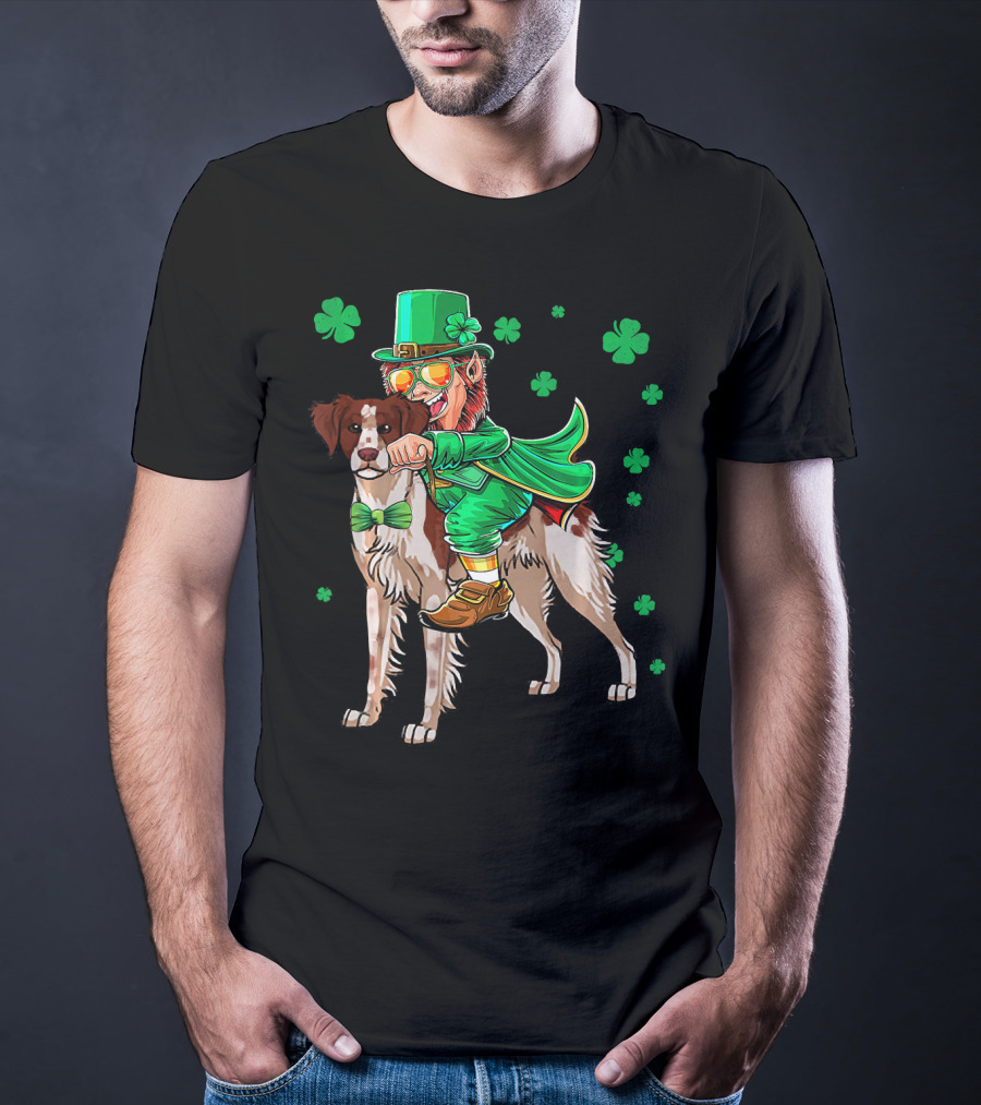Leprechaun Rides Brittany Spaniel With Shamrock Accents T-Shirt