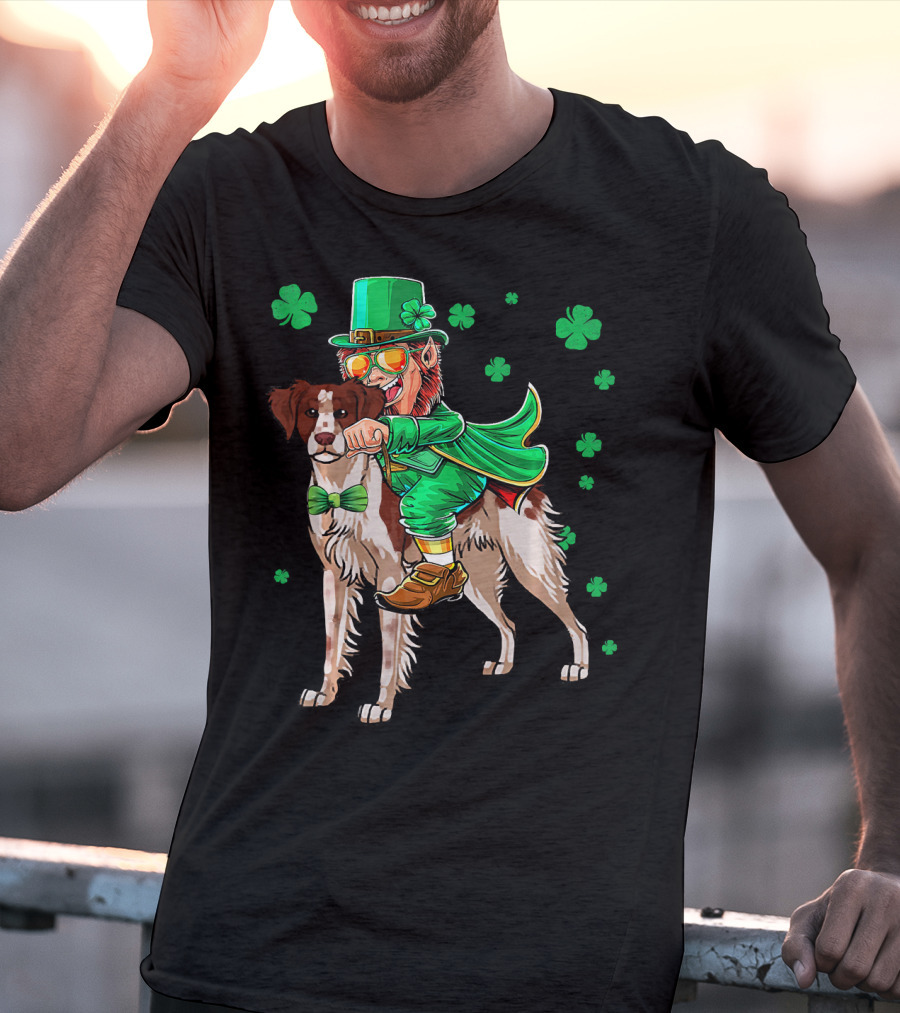 Leprechaun Rides Brittany Spaniel With Shamrock Accents T-Shirt