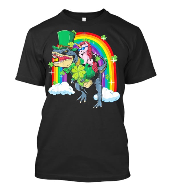 Unicorn Riding Dinosaur Leprechaun Rainbow Shamrocks T-Shirt