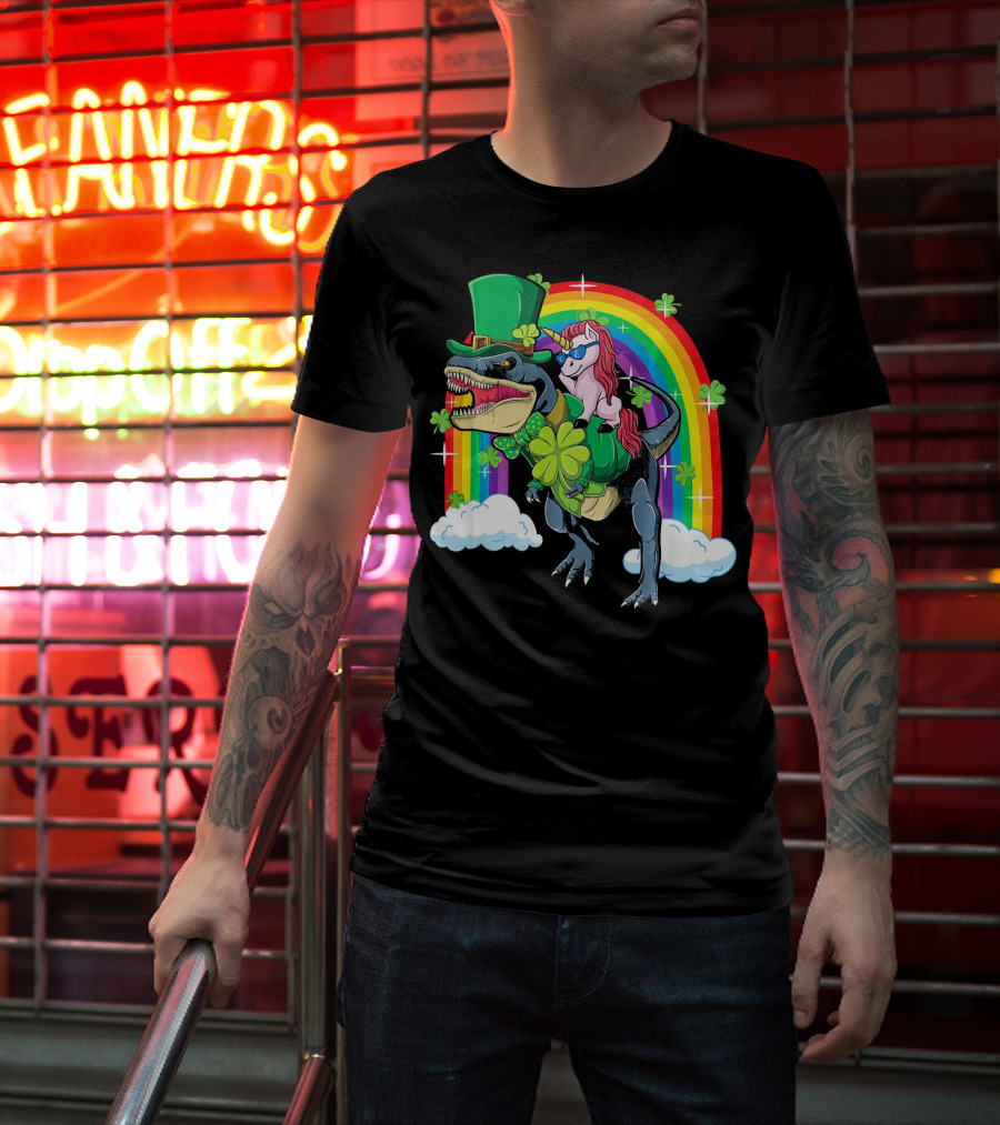 Unicorn Riding Dinosaur Leprechaun Rainbow Shamrocks T-Shirt