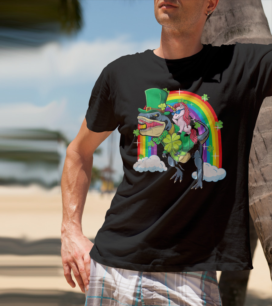 Unicorn Riding Dinosaur Leprechaun Rainbow Shamrocks T-Shirt