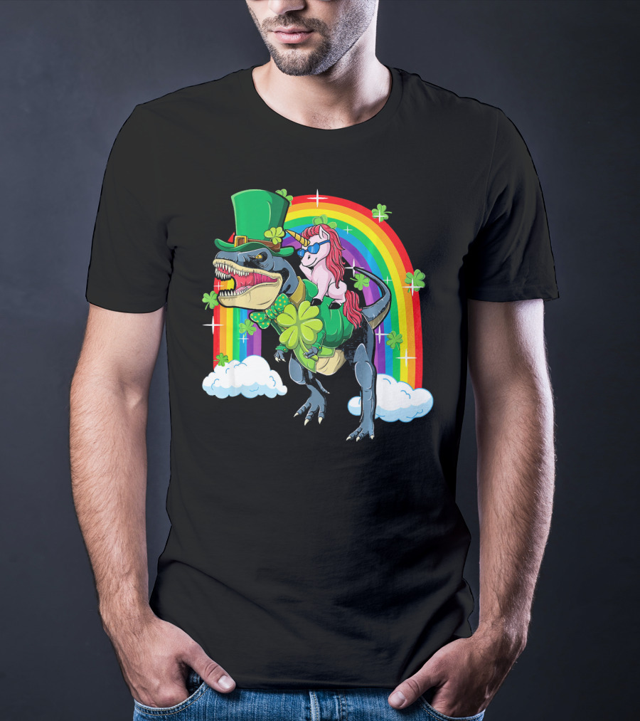Unicorn Riding Dinosaur Leprechaun Rainbow Shamrocks T-Shirt