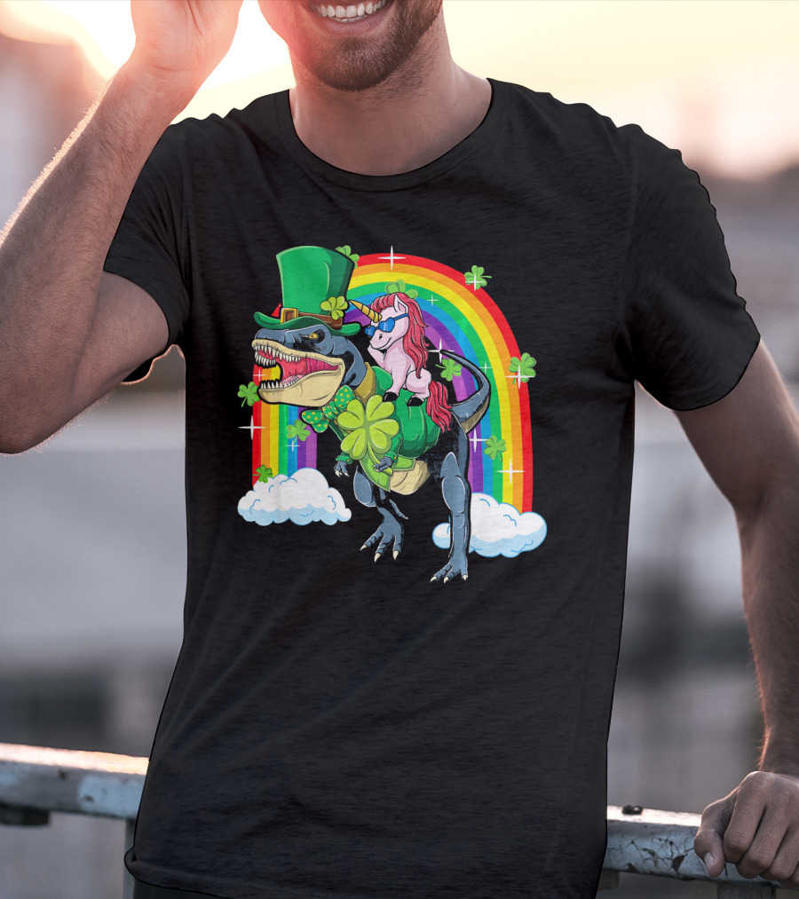 Unicorn Riding Dinosaur Leprechaun Rainbow Shamrocks T-Shirt