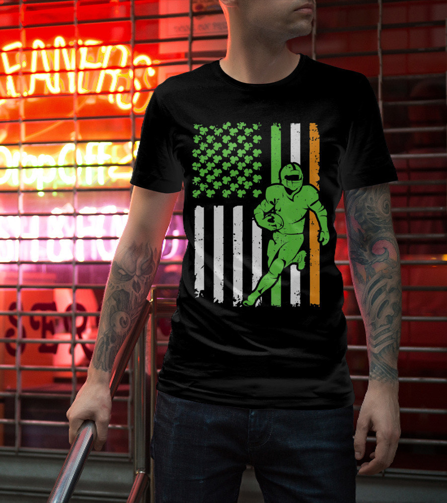 Irish American Football Flag St Patricks Day Shamrock Stripes T-Shirt