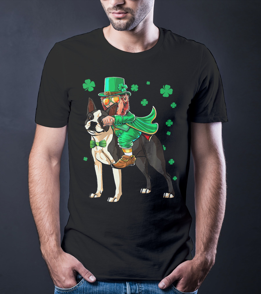Leprechaun Riding Boston Terrier With Shamrock Accents T-Shirt