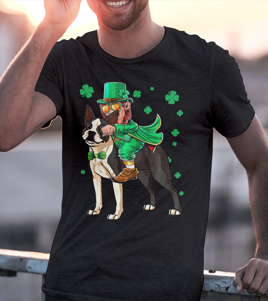 Leprechaun Riding Boston Terrier With Shamrock Accents T-Shirt