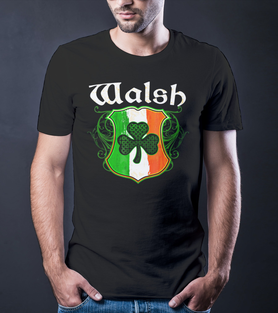 Walsh Surname Irish Shamrock Crest With Green White Orange Shield T-Shirt
