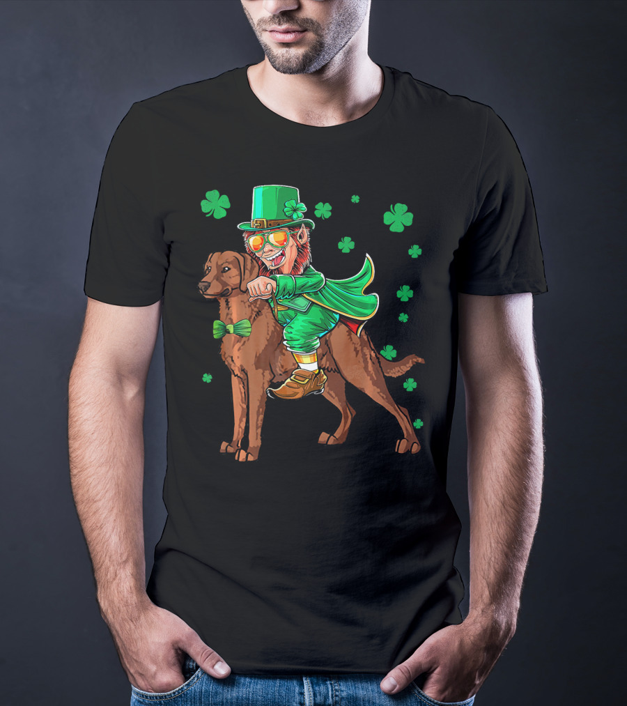Leprechaun Riding Chesapeake Bay Retriever With Shamrocks T-Shirt
