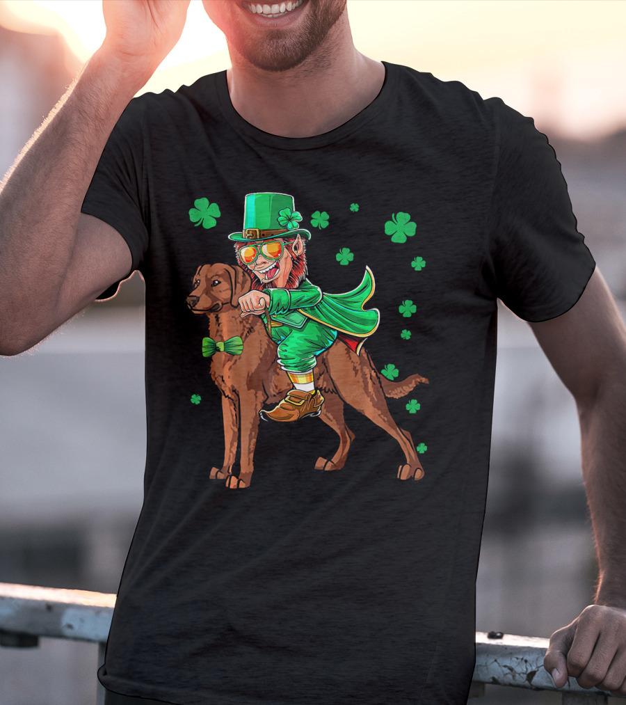 Leprechaun Riding Chesapeake Bay Retriever With Shamrocks T-Shirt