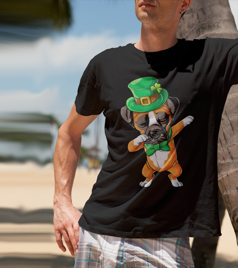 Dabbing Boxer Dog St Patricks Day Hat Bowtie T-Shirt