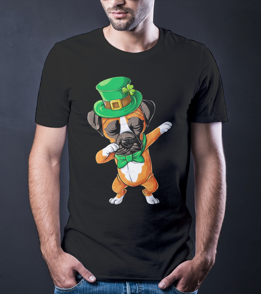 Dabbing Boxer Dog St Patricks Day Hat Bowtie T-Shirt