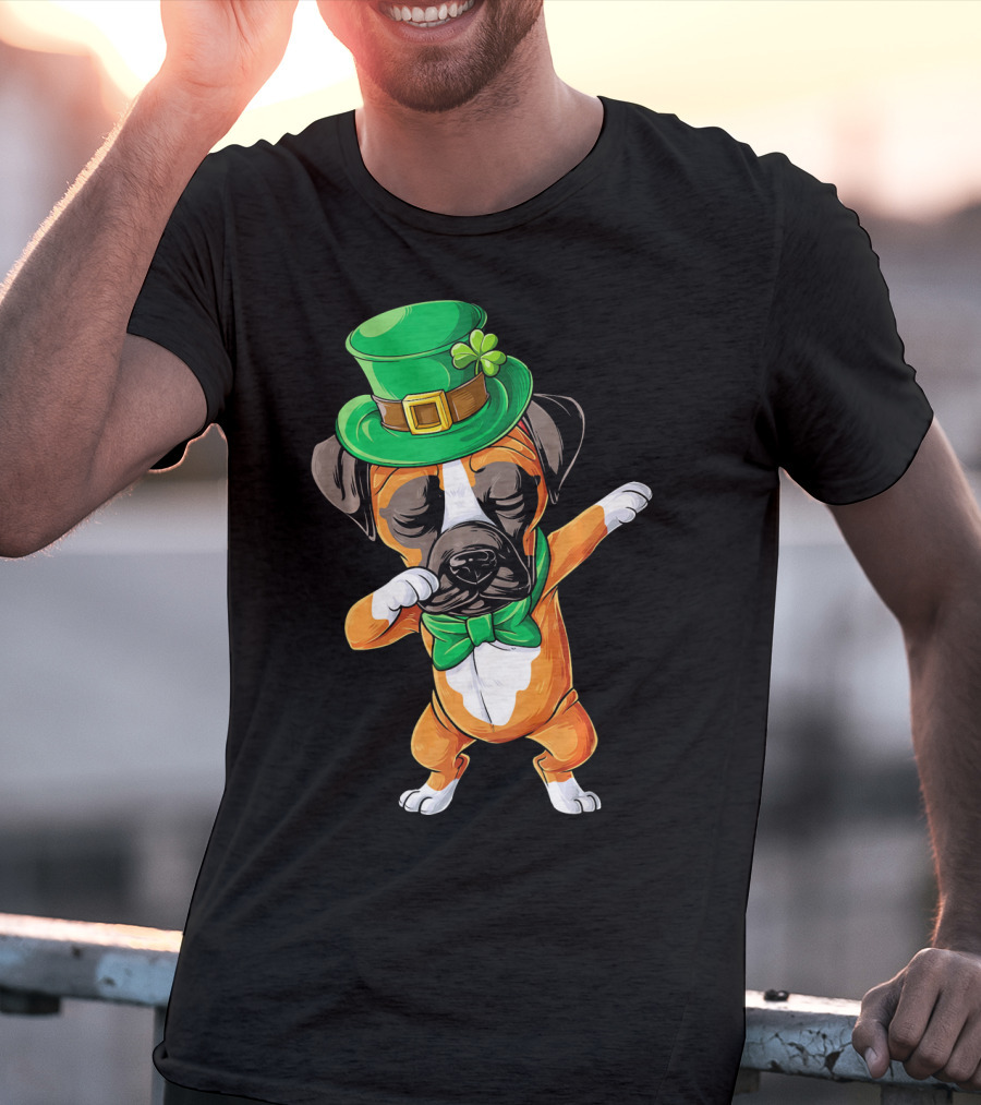 Dabbing Boxer Dog St Patricks Day Hat Bowtie T-Shirt
