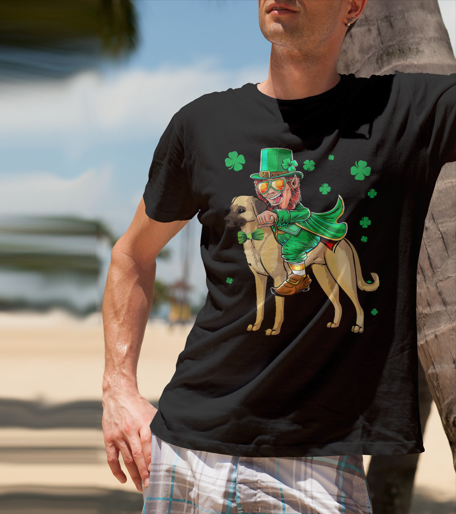 Leprechaun Riding Anatolian Shepherd With Shamrock Accents T-Shirt