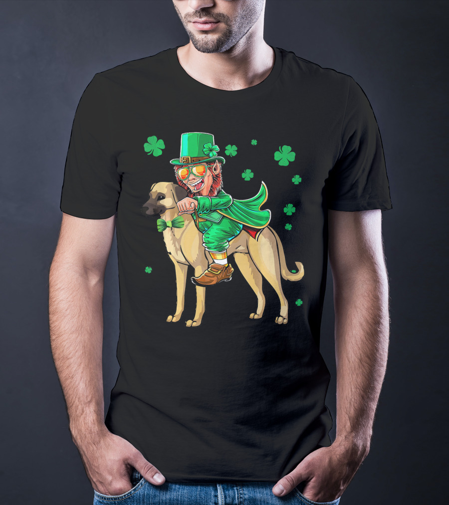 Leprechaun Riding Anatolian Shepherd With Shamrock Accents T-Shirt