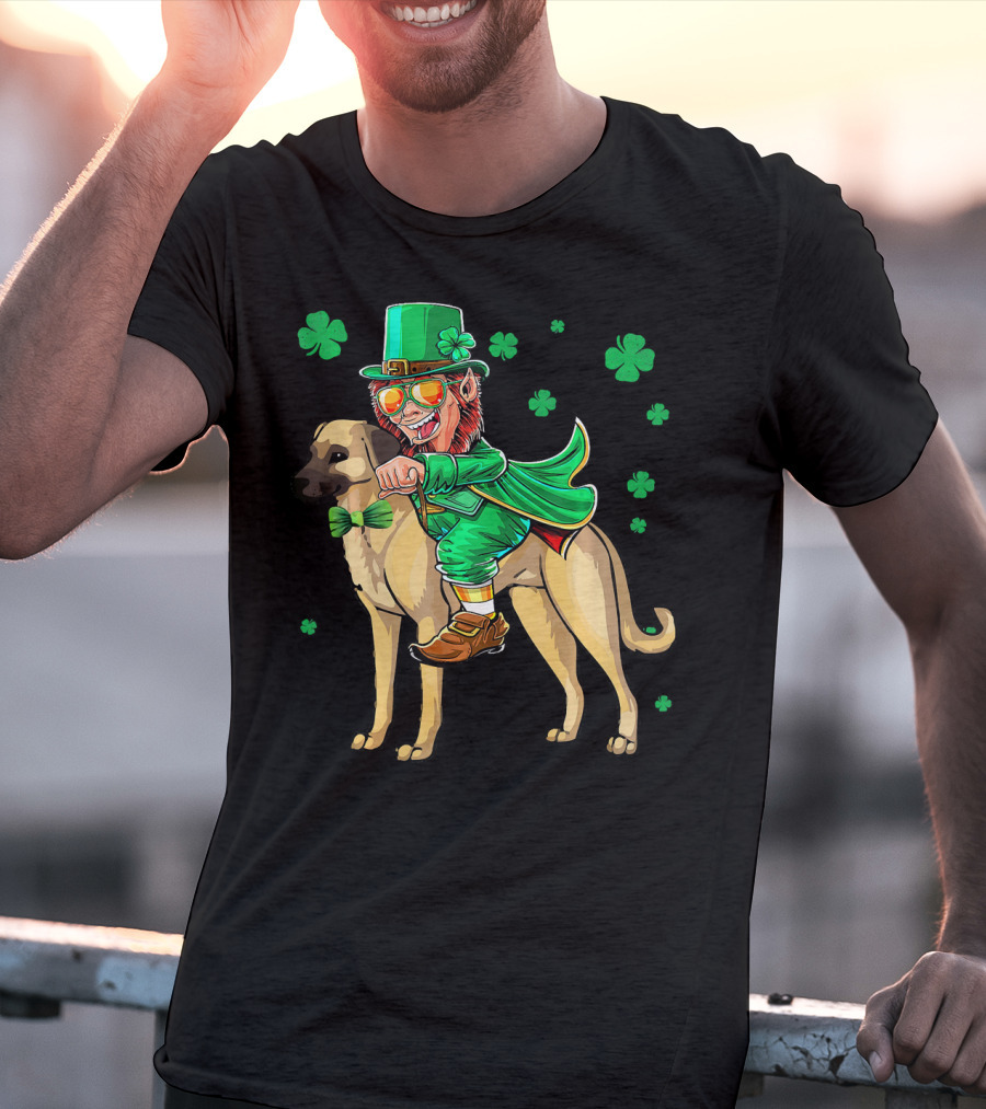 Leprechaun Riding Anatolian Shepherd With Shamrock Accents T-Shirt