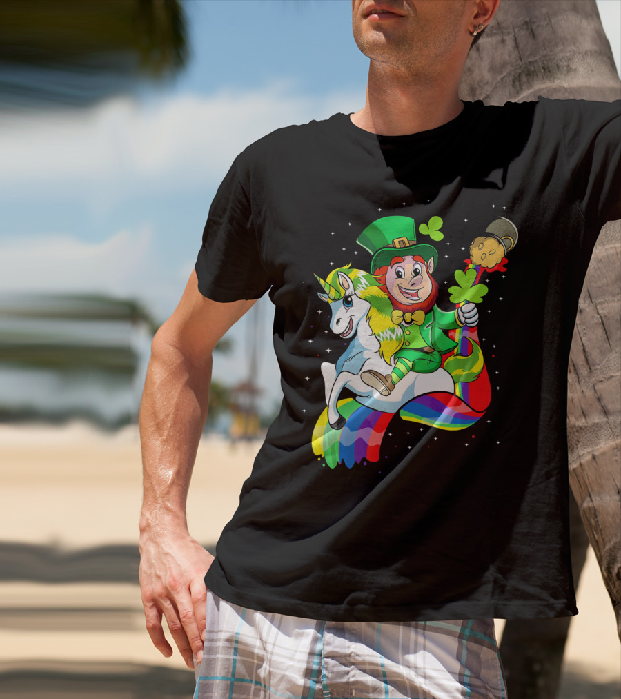 St Patricks Day Leprechaun Riding Unicorn With Rainbow Lucky Charms T-Shirt