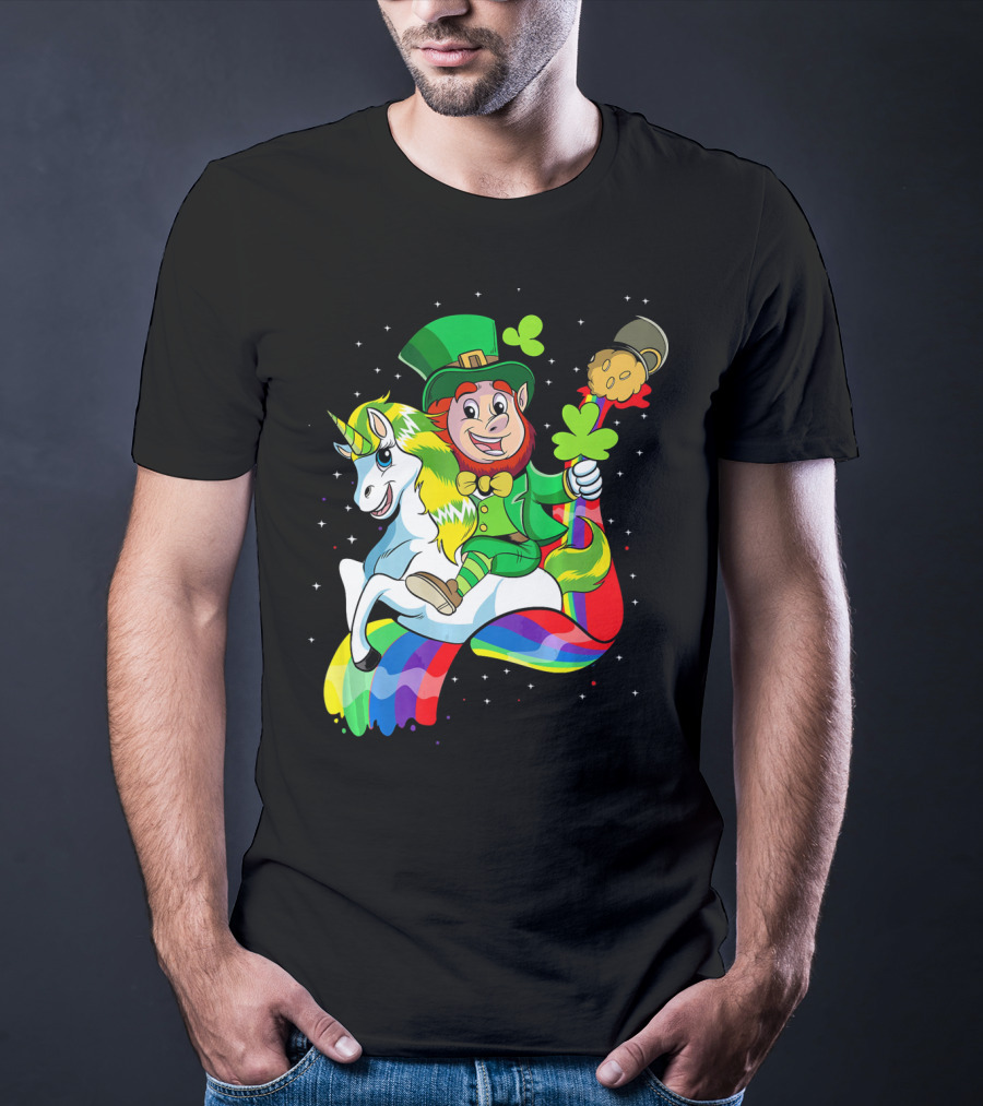 St Patricks Day Leprechaun Riding Unicorn With Rainbow Lucky Charms T-Shirt