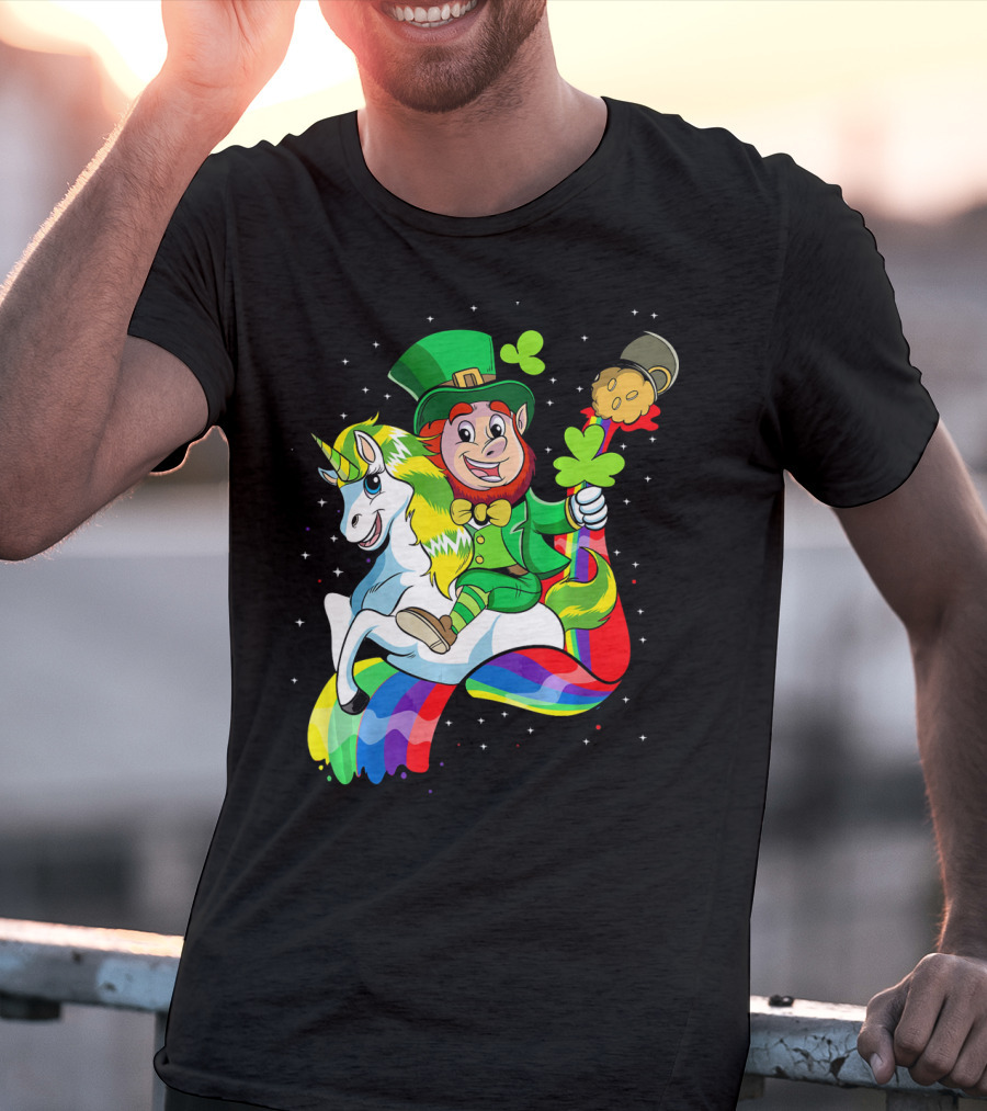 St Patricks Day Leprechaun Riding Unicorn With Rainbow Lucky Charms T-Shirt