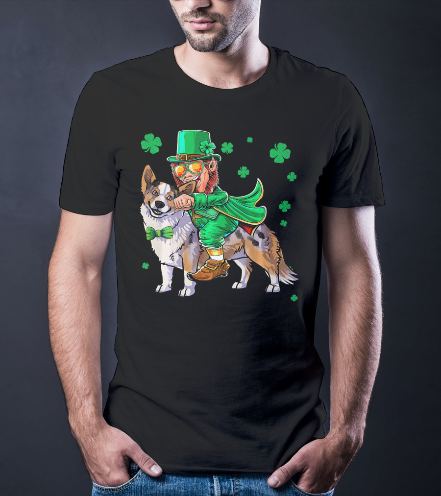 Leprechaun Riding Cardigan Welsh Corgi With Shamrocks T-Shirt