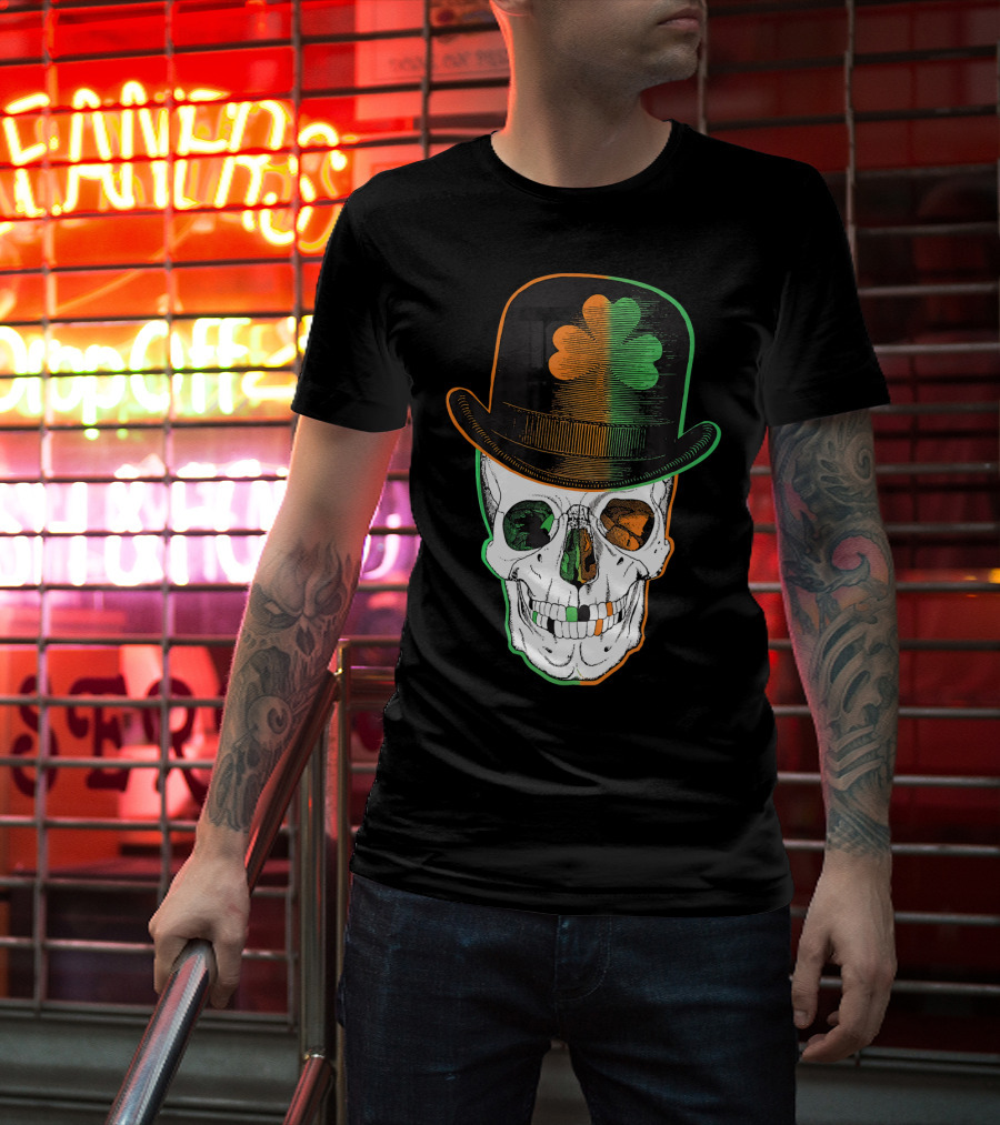 St Paddys Day Irish Leprechaun Skull Shamrock Hat T-Shirt
