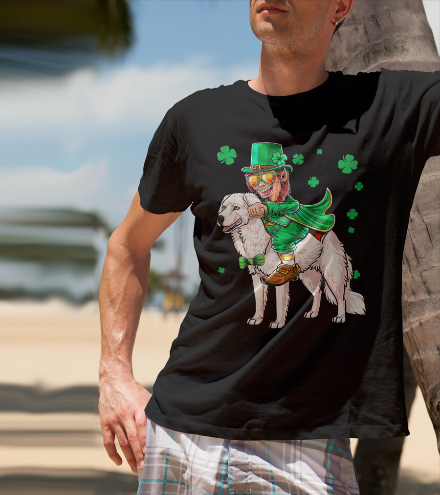 Leprechaun Riding Kuvasz Surrounded By Shamrocks For St. Patrick's Day T-Shirt