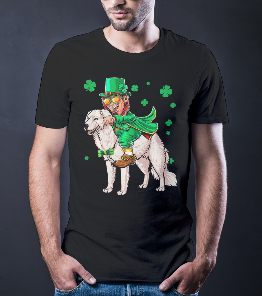 Leprechaun Riding Kuvasz Surrounded By Shamrocks For St. Patrick's Day T-Shirt