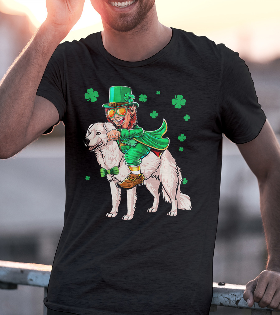 Leprechaun Riding Kuvasz Surrounded By Shamrocks For St. Patrick's Day T-Shirt