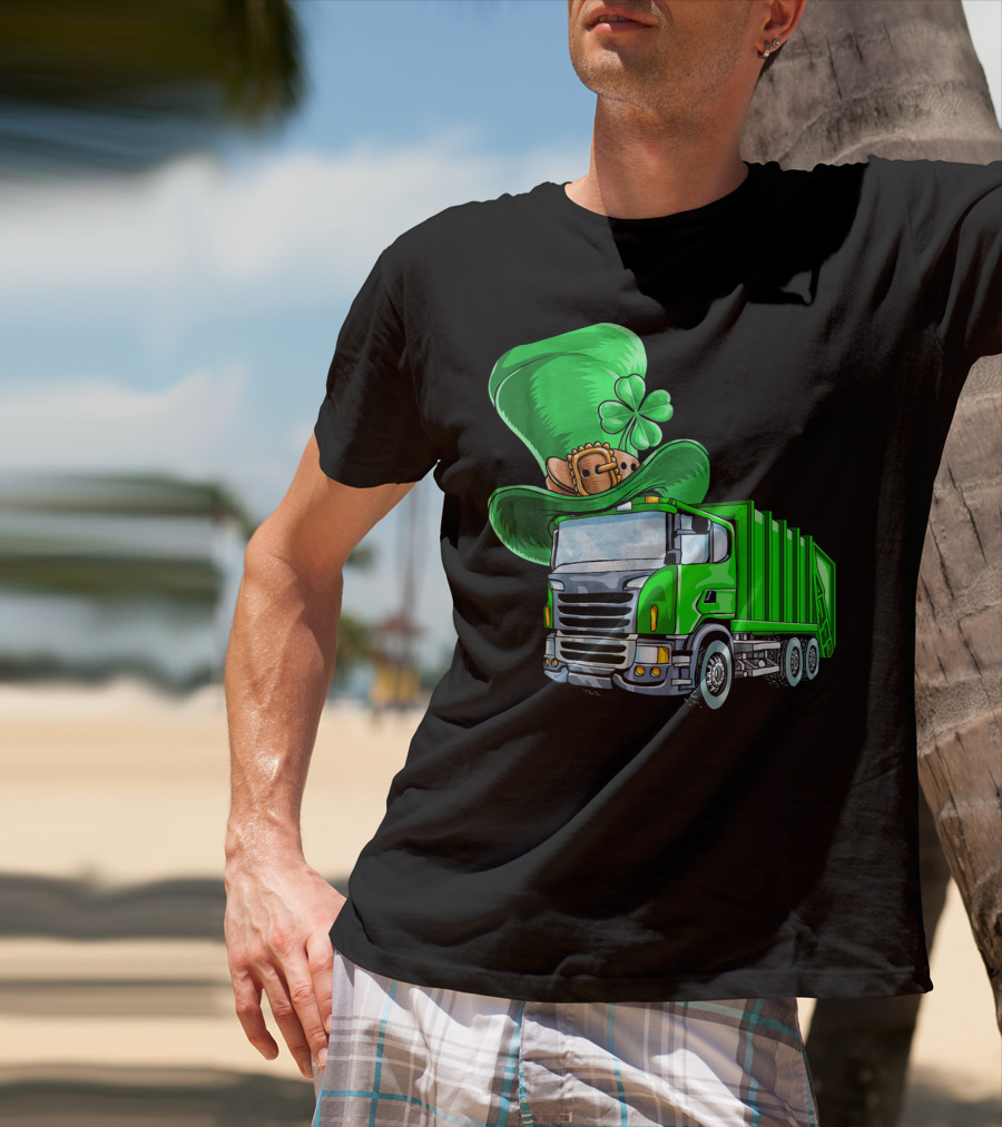 St Patricks Day Garbage Truck With Leprechaun Hat And Four-Leaf Clover T-Shirt
