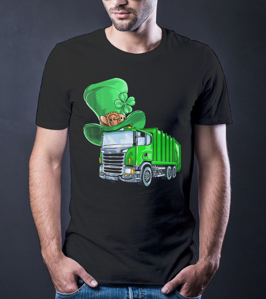 St Patricks Day Garbage Truck With Leprechaun Hat And Four-Leaf Clover T-Shirt