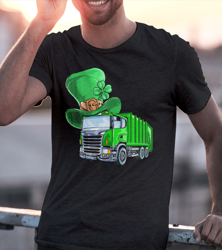 St Patricks Day Garbage Truck With Leprechaun Hat And Four-Leaf Clover T-Shirt
