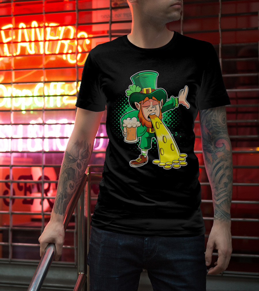 Drunk Leprechaun Puking Gold Coins And Beer Mug T-Shirt