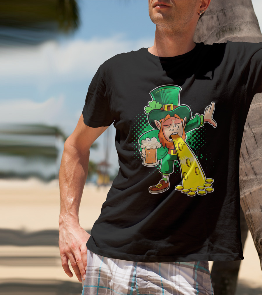 Drunk Leprechaun Puking Gold Coins And Beer Mug T-Shirt