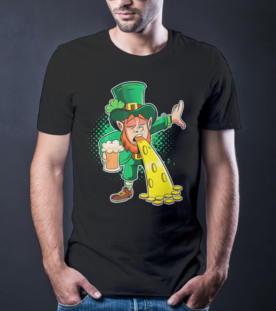 Drunk Leprechaun Puking Gold Coins And Beer Mug T-Shirt