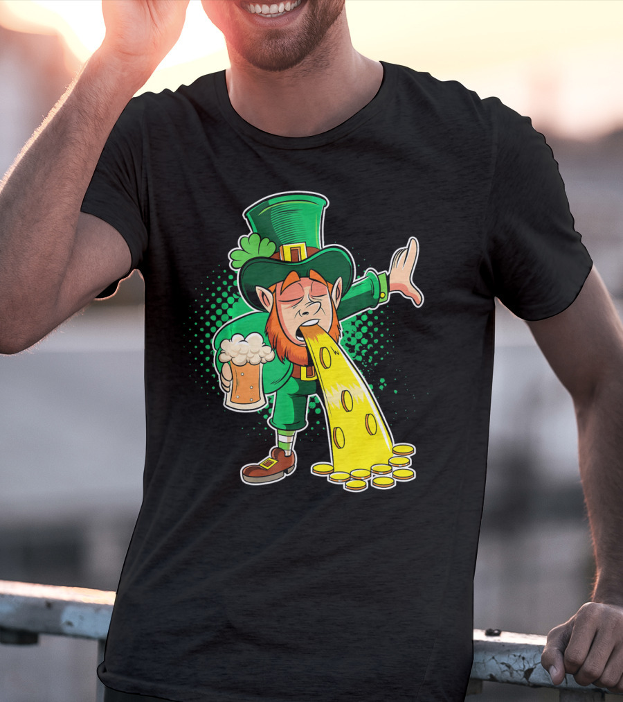 Drunk Leprechaun Puking Gold Coins And Beer Mug T-Shirt