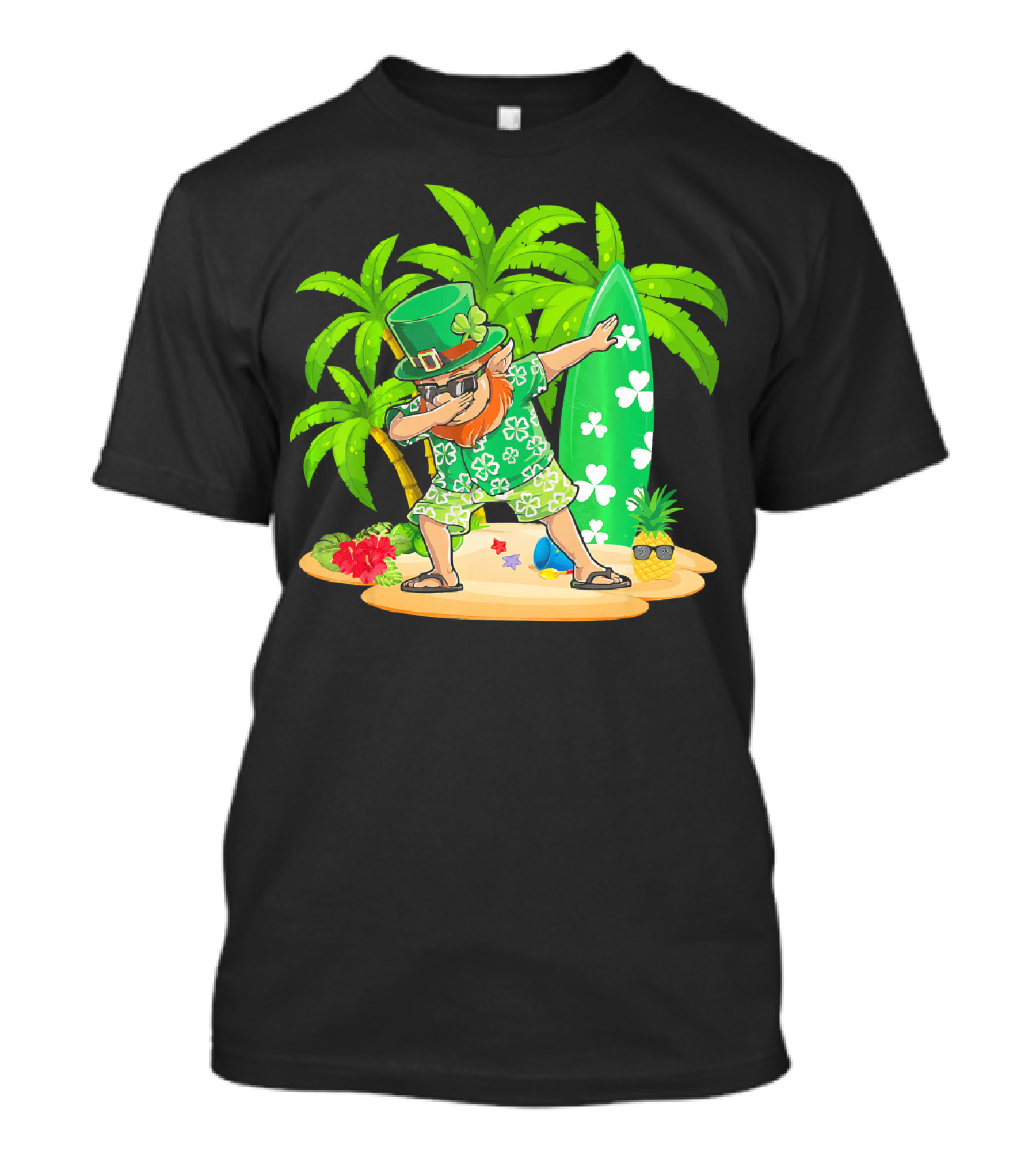 Leprechaun Dabbing On Tropical Beach With Surfboard And Hibiscus Flowers T-Shirt