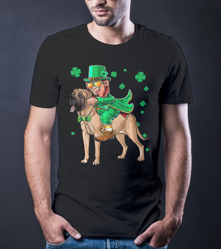 Leprechaun Riding English Mastiff With Shamrocks T-Shirt