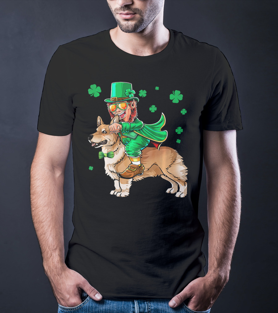 Leprechaun Riding Pembroke Welsh Corgi With Shamrocks T-Shirt