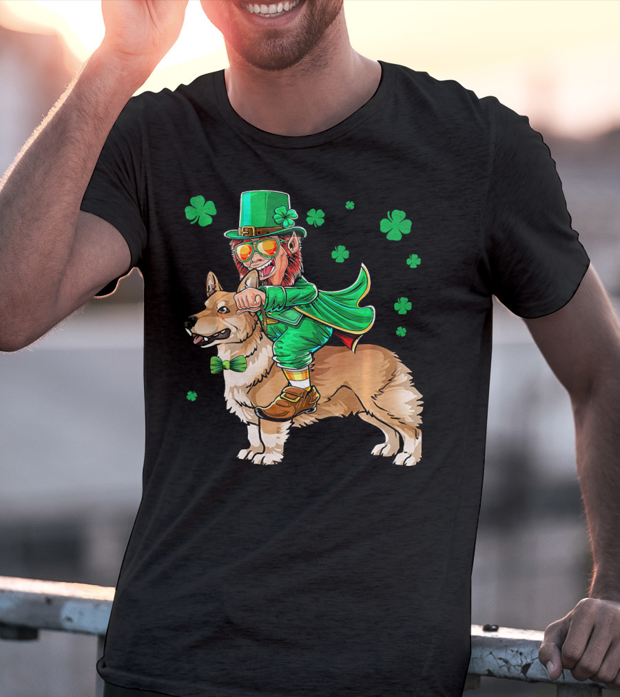 Leprechaun Riding Pembroke Welsh Corgi With Shamrocks T-Shirt