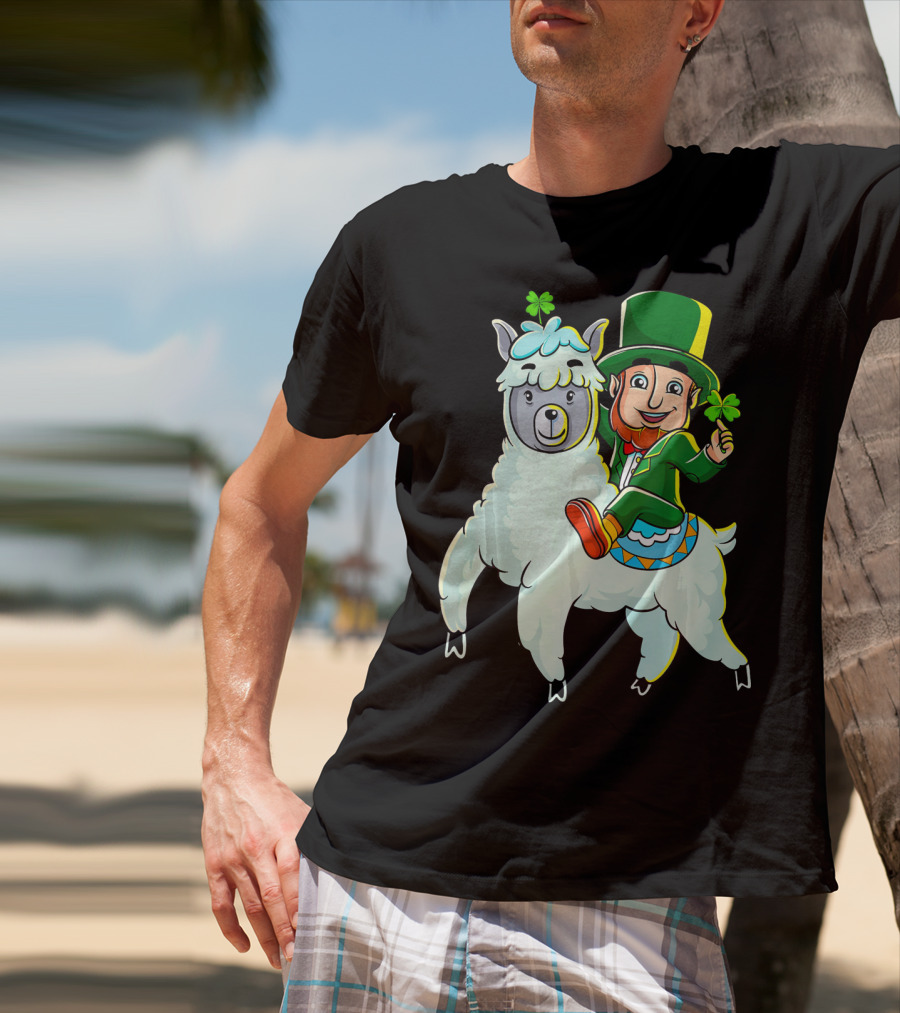 Leprechaun Riding Llama Clover Hat Green Suit Cartoon T-Shirt