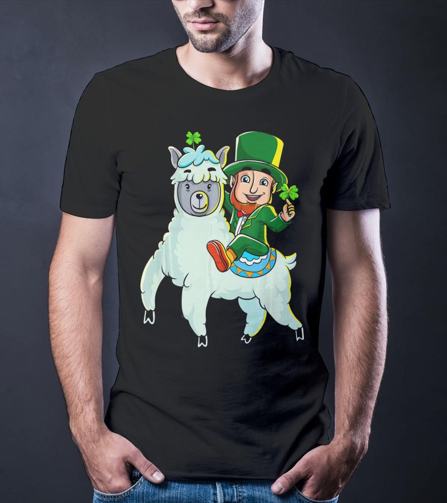 Leprechaun Riding Llama Clover Hat Green Suit Cartoon T-Shirt