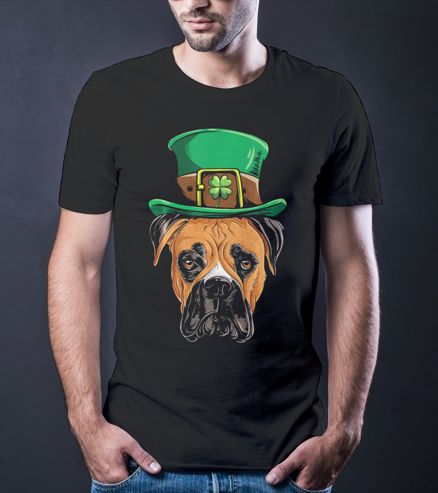 St. Patrick's Day Boxer Dog With Green Top Hat And Shamrock T-Shirt