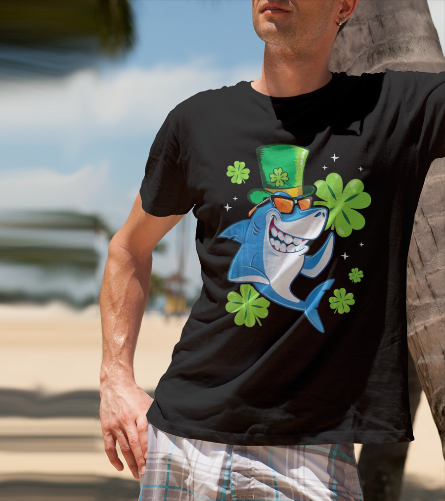 St Patricks Day Shamrock Paddy Shark Top Hat Dancing With Four-Leaf Clovers T-Shirt
