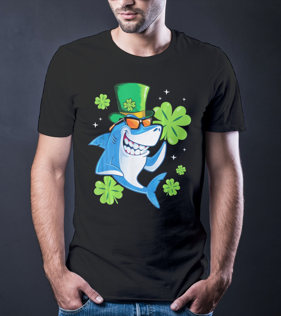 St Patricks Day Shamrock Paddy Shark Top Hat Dancing With Four-Leaf Clovers T-Shirt