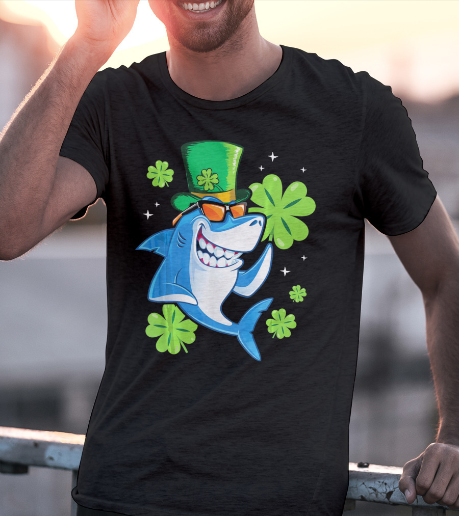 St Patricks Day Shamrock Paddy Shark Top Hat Dancing With Four-Leaf Clovers T-Shirt