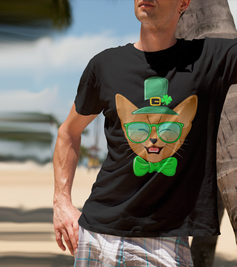 St. Patricks Day Cat Kitty Leprec Leprechaun Hat Green Glasses Bowtie Shamrock T-Shirt
