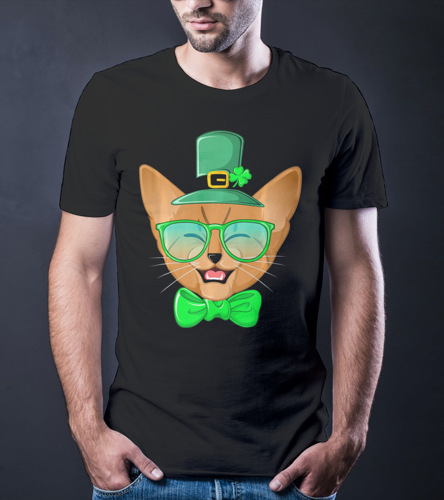 St. Patricks Day Cat Kitty Leprec Leprechaun Hat Green Glasses Bowtie Shamrock T-Shirt