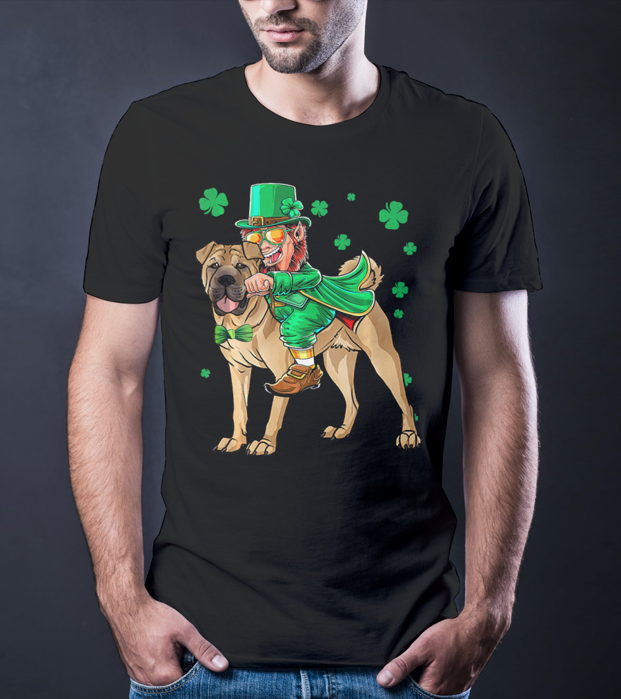Leprechaun Riding Chinese Shar Pei With Shamrock Bowtie And Hat T-Shirt