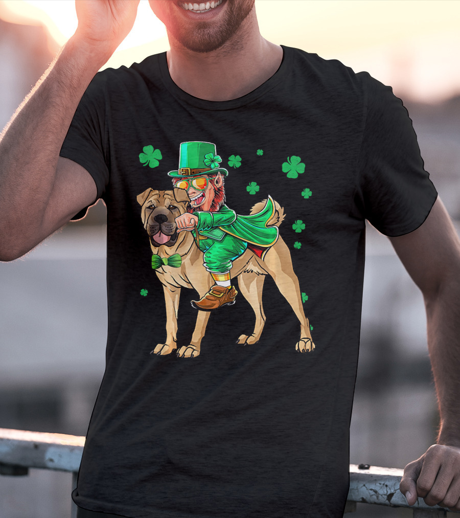 Leprechaun Riding Chinese Shar Pei With Shamrock Bowtie And Hat T-Shirt