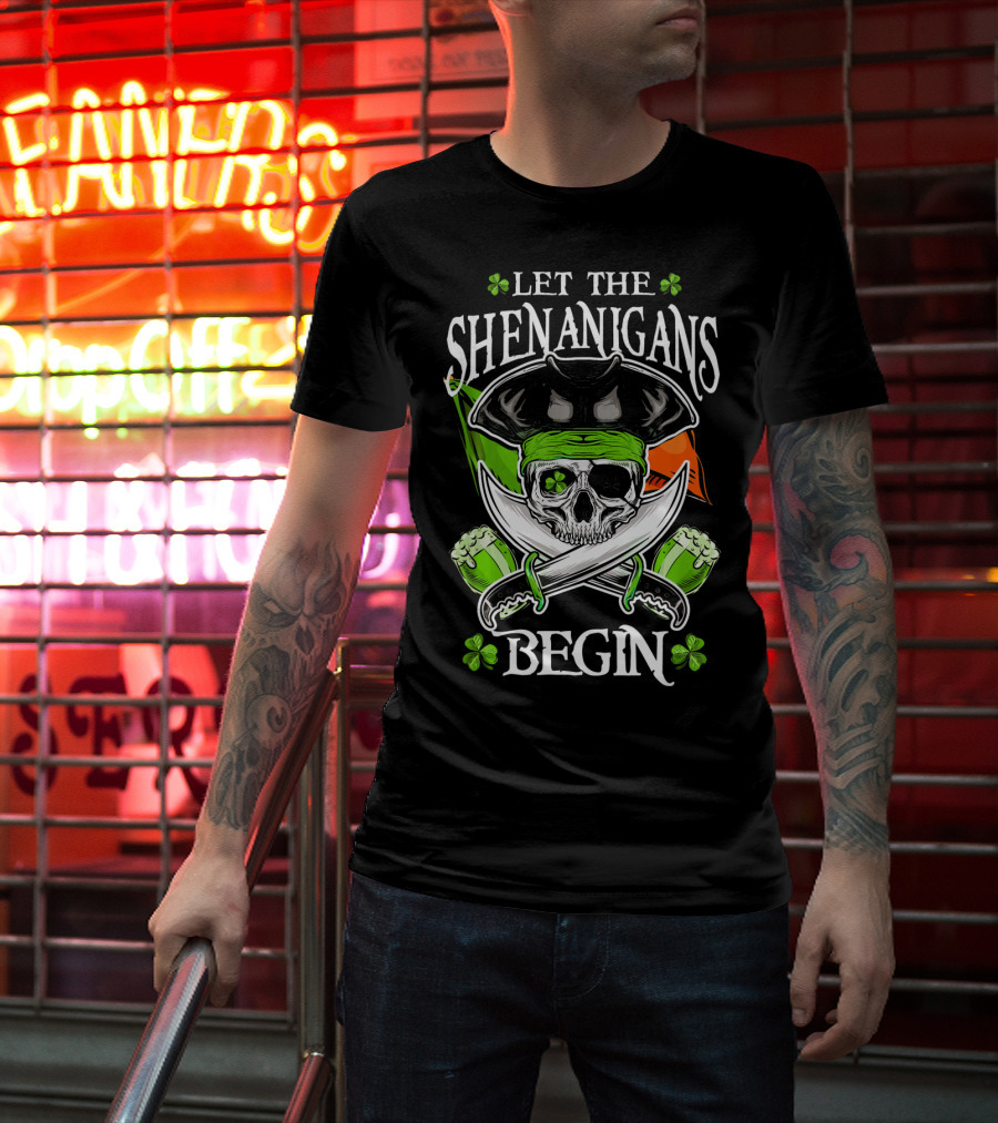 LET THE SHENANIGANS BEGIN SKULL PIRATE IRISH FLAG SHAMROCK T-Shirt