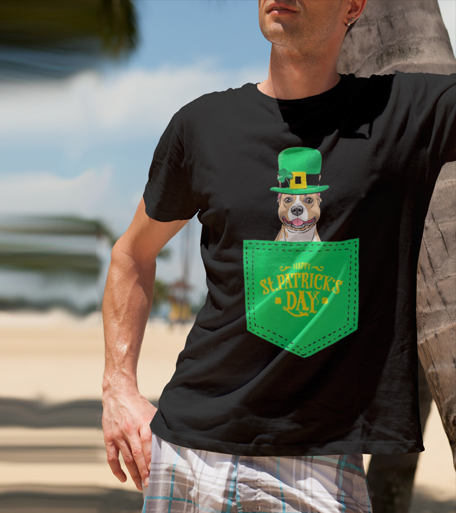 Happy St. Patrick's Day Pitbull Dog In Pocket T-Shirt